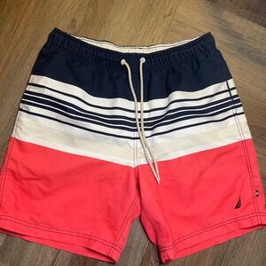 Nautica Mens Swim Trunks‎ Coral Blue White Striped Size M Shorts Beach Preppy